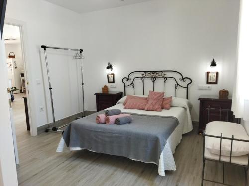 扎霍拉Chalet en Zahora/Caños de Meca的卧室配有一张带粉红色枕头的大床