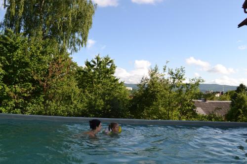 特鲁斯卡韦茨Guest House at Lesya Ukrainka的游泳池里的男人和孩子