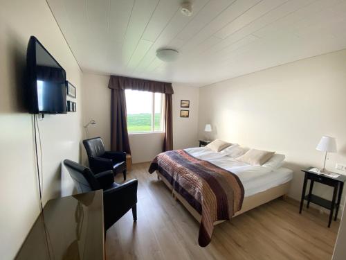 Hofstaðir霍夫斯塔德农庄酒店的酒店客房,配有床和电视