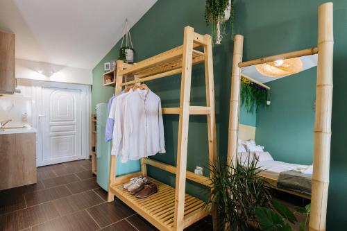 普莱诺斯Boho Sea View Studio的一间卧室设有一张双层床和绿色的墙壁