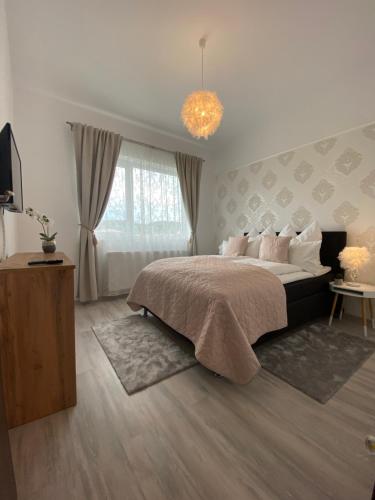 莱斯诺夫Holiday House Rasnov的一间卧室配有一张大床和一个吊灯。
