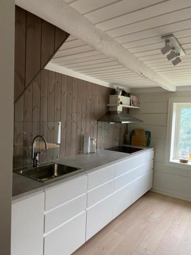 弗洛姆Indreli feriehus的厨房配有白色橱柜、水槽和窗户。