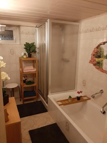 ErlbachFerienhaus Rosemarie Erlbach Vogtland的设有带浴缸和淋浴的浴室。