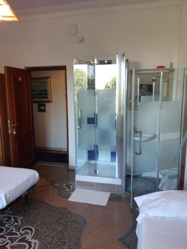 热那亚Hotel Guesthouse MASSENA的带淋浴的浴室和玻璃门