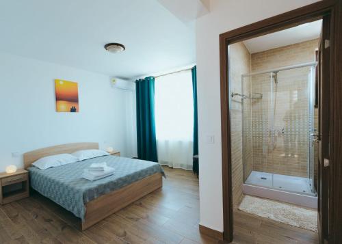 SalcioaraPensiunea Bianca的一间卧室设有一张床和一个步入式淋浴间。