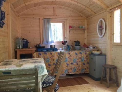 Sougères-en-PuisayeLovely 2-Bed shepherds hut in a Forest的小木屋内的厨房配有桌子