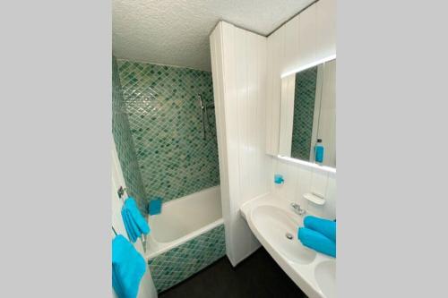 圣恩吉玛PENTHOUSE mitten im BAYERISCHEN WALD +NETFLIX +AUSSICHT = SUPER COZY的浴室配有白色水槽和淋浴。