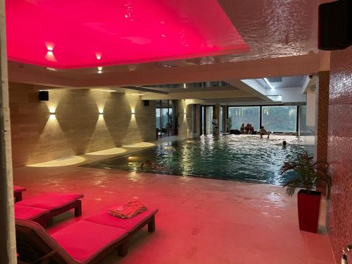 科帕奥尼克Vip Apartments Kopaonik的红色天花板房子内的游泳池