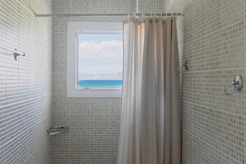 卡沃斯Kamini Apartments的带淋浴帘和窗户的浴室
