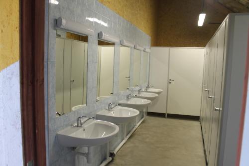 帕普Pūķarags - Kempings的浴室设有一排盥洗盆和镜子
