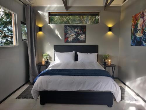 霍维克Karkloof Hideout的一间卧室设有一张大床和两个窗户。