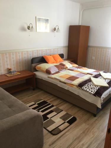 诺茨瓦约Bükk Vendeghaz的一间卧室配有一张床、一张桌子和一张沙发