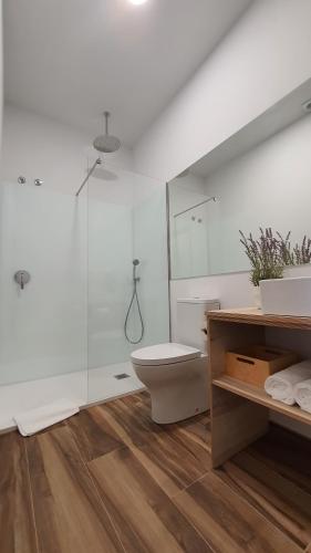 米拉多罗Apartamentos Antares 3的白色的浴室设有卫生间和淋浴。