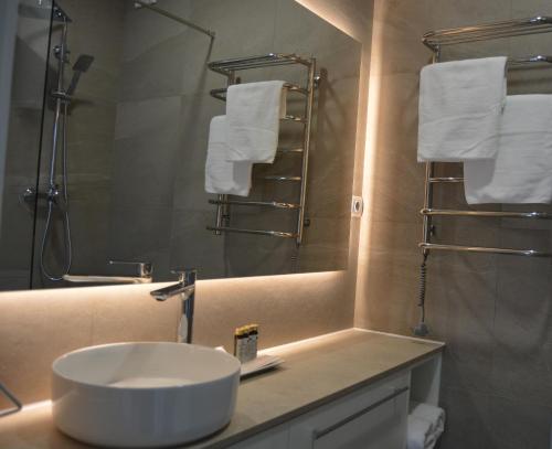 基辅Fisherman的浴室配有盥洗盆、镜子和毛巾