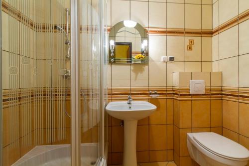 扎科帕内基万特姆酒店的一间带水槽、淋浴和卫生间的浴室