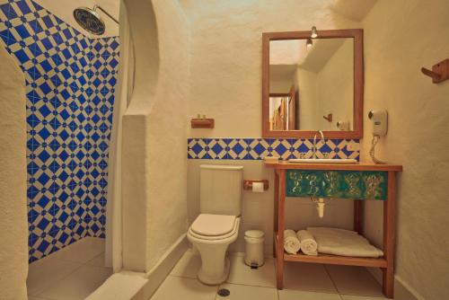 TumbabiroHosteria Museart Pantavi的一间带卫生间、水槽和镜子的浴室
