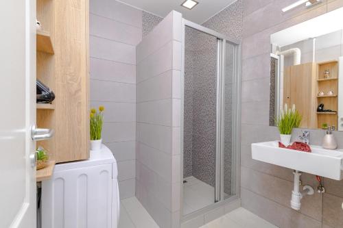 豪伊杜索博斯洛ILLÉS Apartmanok III.的带淋浴和盥洗盆的白色浴室