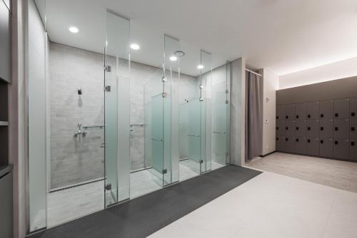 城南市九树精品酒店首尔板桥的带淋浴的浴室(带玻璃门)