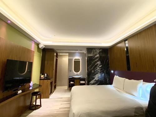 屏东县乐乐汽车旅馆 的配有一张床和一台平面电视的酒店客房