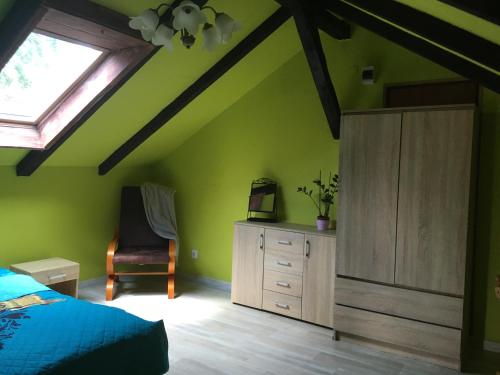 斯莫尔德兹诺Agroturystyka Pod Dębami w Klukach的一间卧室设有绿色的墙壁、一张床和窗户