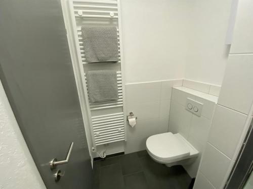 温特贝格Ferienwohnung Frieda mit überdachtem Balkon的一间白色的小浴室,内设卫生间和水槽