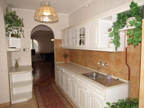 豪伊杜索博斯洛Kossuth Apartman的厨房配有白色橱柜和水槽