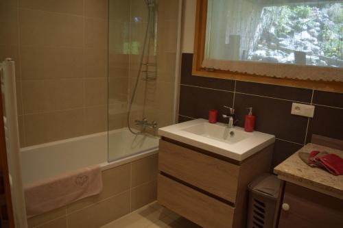 西克斯特Apartment La Tibolire的浴室配有水槽、淋浴和浴缸。