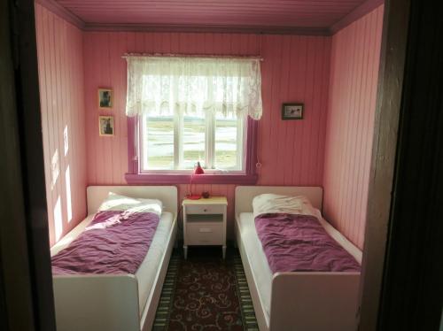 埃基斯蒂尔Húsey Hostel & Horsefarm的配有粉红色墙壁和窗户的客房内的两张床