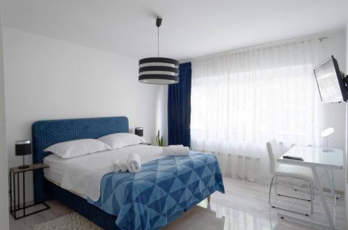 查科韦茨Maximus的卧室配有蓝色和白色的床和书桌。