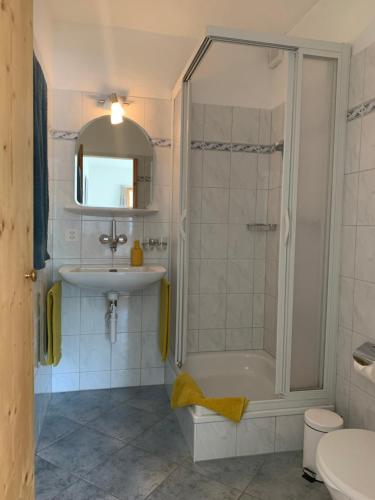 莱克斯Waldheim Pension Laax的带淋浴、盥洗盆和卫生间的浴室