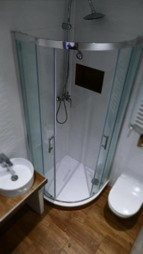 科尔别卢夫Apartamenty Bogusia Korbielów Pilsko的浴室设有淋浴和盥洗盆。