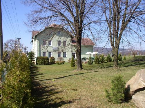 亚诺夫Pension U Václava的绿色庭院中一座白色的大房子,有树木