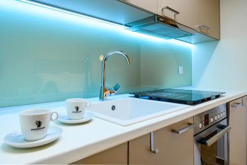 塞萨洛尼基BLACKHAUS Apartments的厨房配有2个咖啡杯和水槽