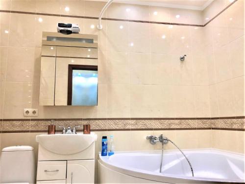 基辅VIP апартаменти з видом на озеро的带浴缸、水槽和镜子的浴室