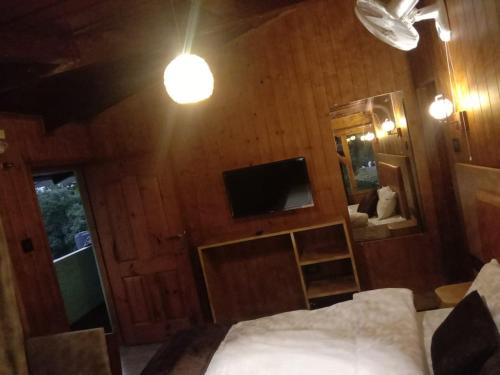 兰斯顿Highlander-guesthouse的一间卧室配有一张床、一台电视和一面镜子