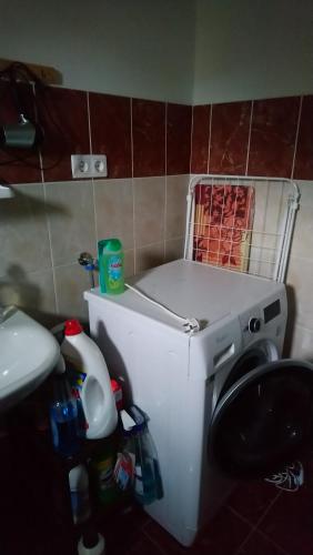 NagyrákosSandorA Vendégház Nagyrákos的盥洗盆旁浴室内的洗衣机
