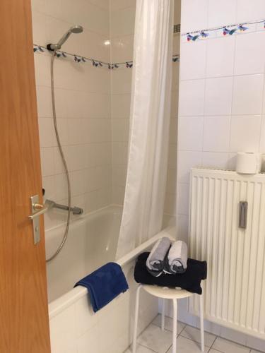 路德维希堡Ferienwohnung-Ludwigsburg-City的带浴缸、椅子和淋浴的浴室
