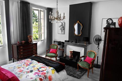 阿尔比LE CHERCHE MIDI Chambres d'hôtes avec CUISINE EQUIPEE grand jardin PARKING SECURISE GRATUIT的一间卧室配有一张床、两把椅子和一个壁炉
