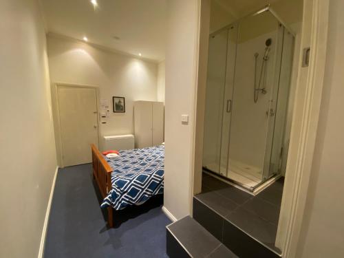 墨尔本Malvern Backpackers的小型浴室设有一张床和淋浴。