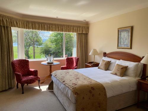 基拉尼莱恩湖乡村客栈的酒店客房设有一张床和一个大窗户