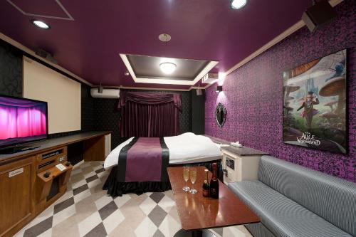 岐阜岐阜电影电影情趣酒店（仅限成人）的配有一张床和一台平面电视的酒店客房