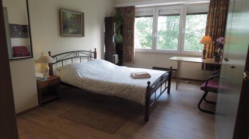 布赖恩拉勒普里斯德兰格住宿加早餐酒店的一间卧室配有一张床、一张书桌和一个窗户。