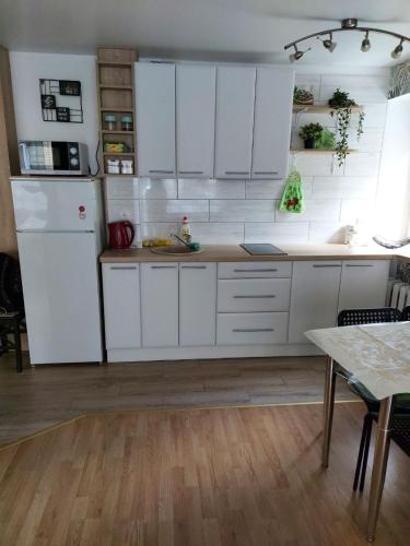 德鲁斯基宁凯Apartamentai „Kaip namuose“的厨房配有白色橱柜和白色冰箱。