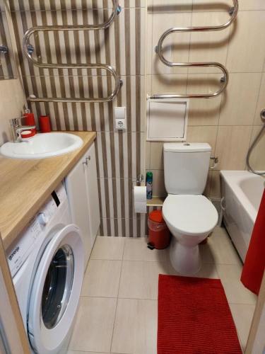 德鲁斯基宁凯Apartamentai „Kaip namuose“的浴室配有卫生间、盥洗盆和洗衣机。