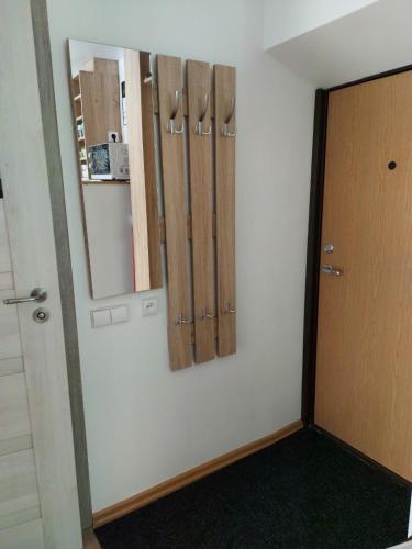 德鲁斯基宁凯Apartamentai „Kaip namuose“的一间设有门的房间和墙上的镜子