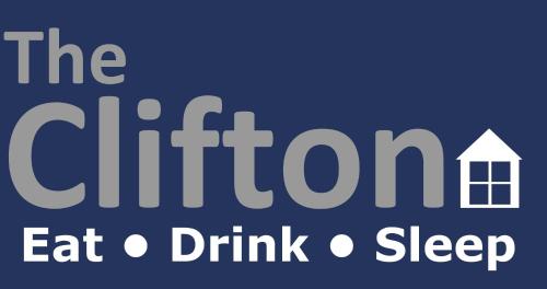 南希尔兹The Clifton的带有文字的蓝色标志,引起注意吃饮料睡觉
