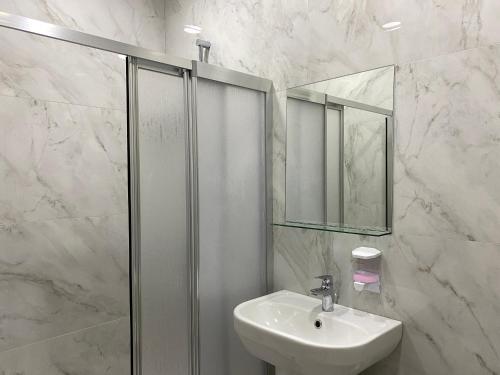 巴统Horizons Hotel Rooms的白色的浴室设有水槽和淋浴。