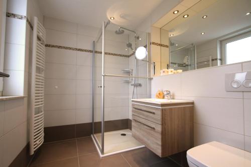 塞巴特阿尔贝克戴布莱博公寓的带淋浴、盥洗盆和卫生间的浴室