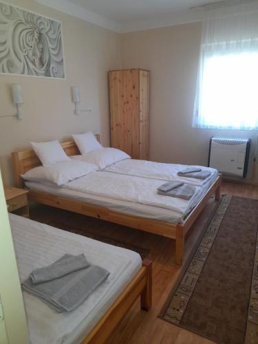 蒂萨菲赖德Thermál Apartman Tiszafüred的一间卧室设有两张床和窗户。