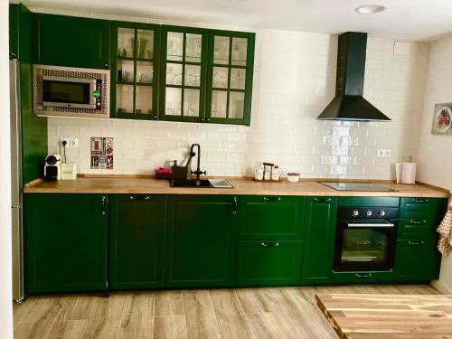 阿拉色那Casa Mercedes y Pepe的绿色的厨房,配有绿色的橱柜和水槽